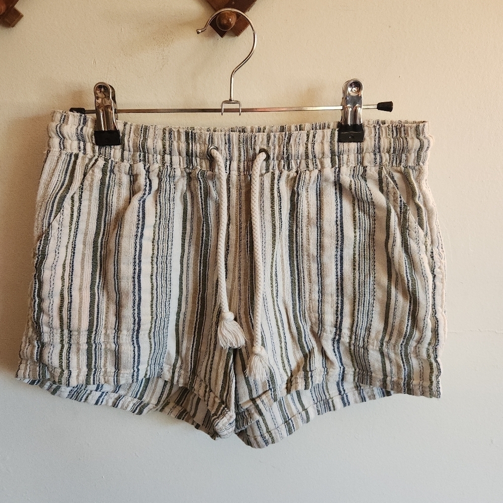 Natural Reflections Shorts Cream Striped Drawstring Pockets Linen Cotton Xs